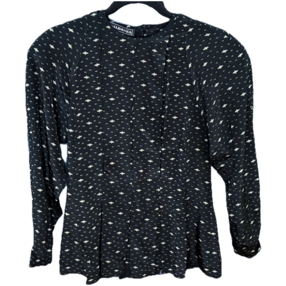 Vintage Black Peplum Silk Blouse Shirt Size 4 Small Geometric Print Whimsigoth
